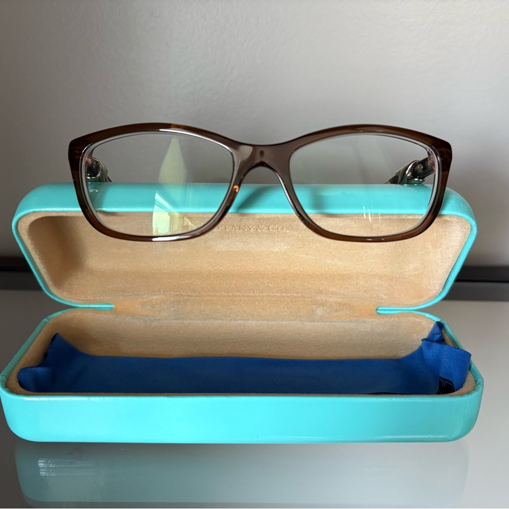 Tiffany & Co. Brown & Gold Prescription Glasses with Turquoise Case